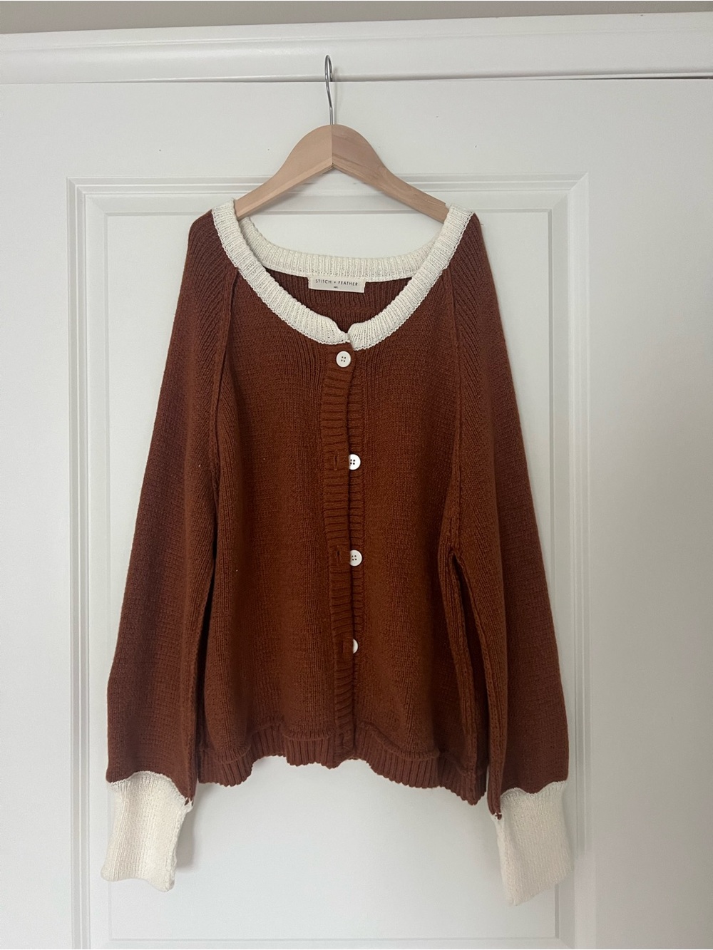Women's Chestnut Button-Front Cardigan with Cream Trim